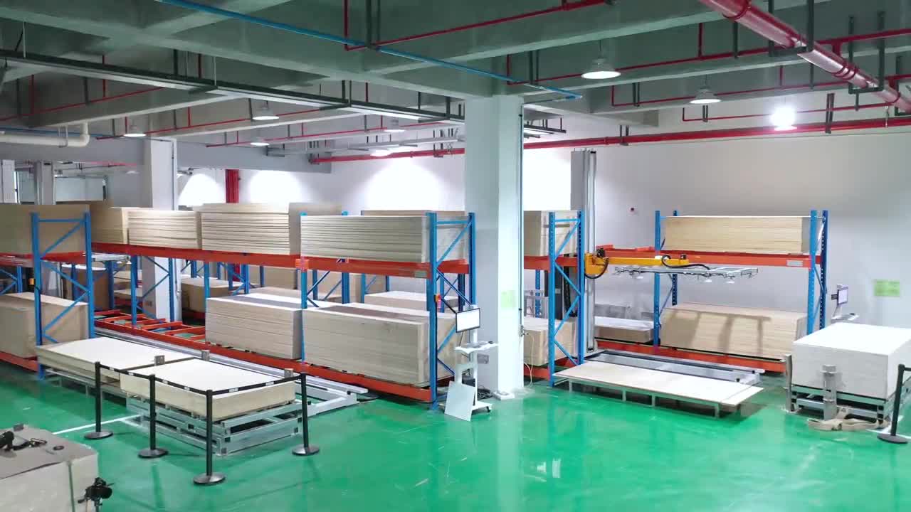 The vertical storage bin for board in furniture factory.