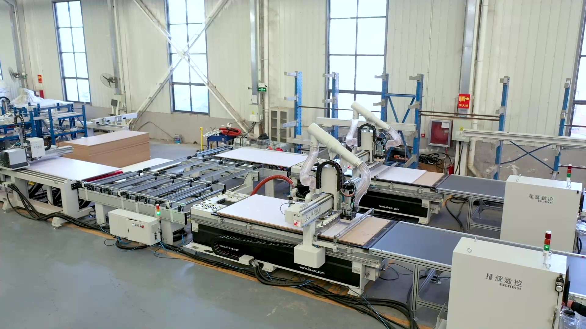 Excitech CNC Nesting Cell: 1 Labeling Machine + 2 Nesting Machines -Automated Panel Production Solution