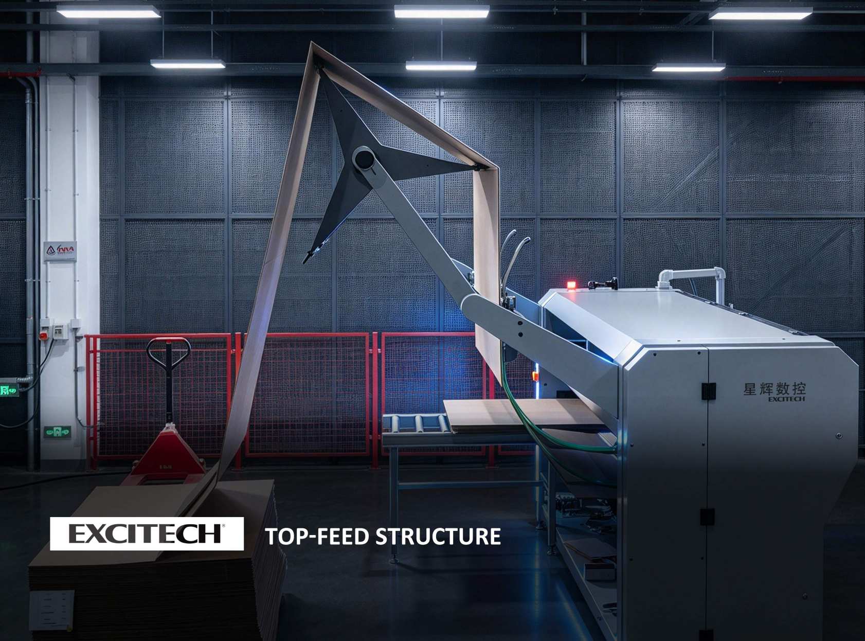 Top feeding structure enables continuous single-sheet feeding. It handles both single cardboard sheets and continuous cardboard. Max working width: 2500 mm.